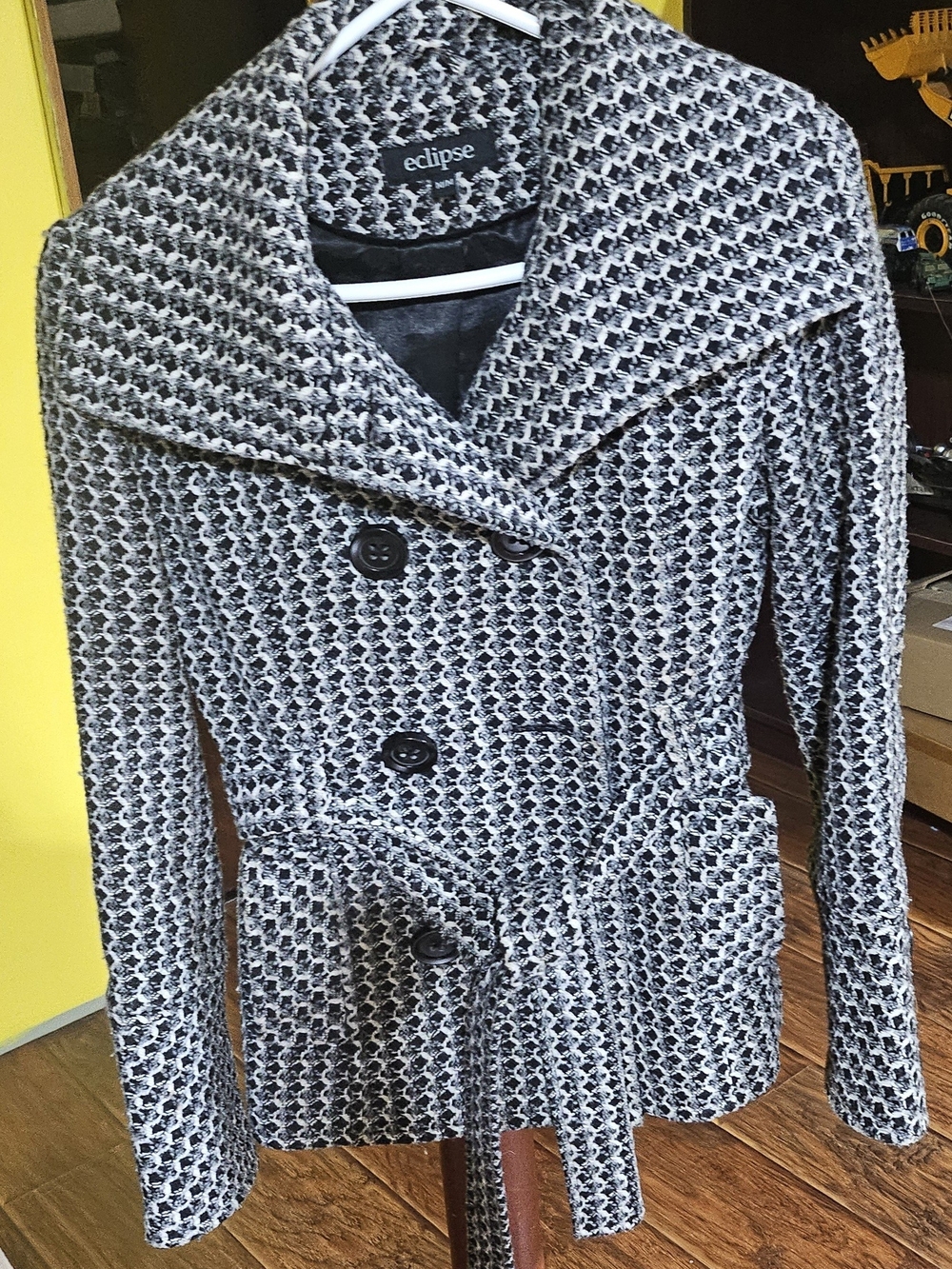 Eclipse Black White Tweed Double Breasted Belted Peacoat Jacket M